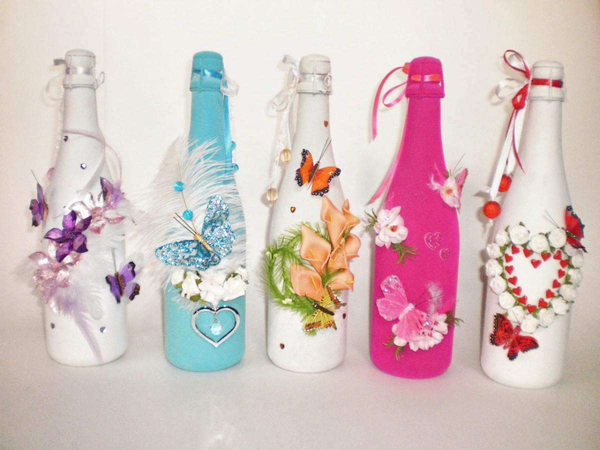 bright champagne bottles decoration with decorative ribbons