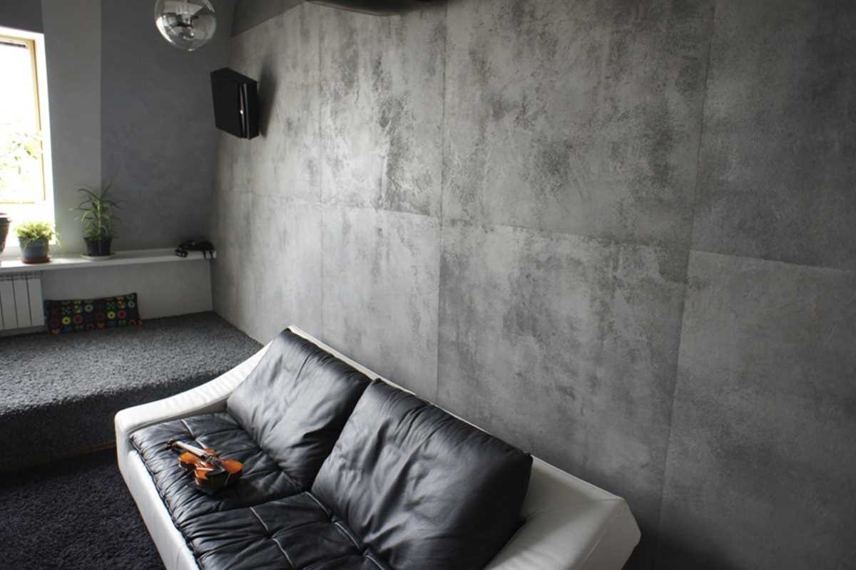 the idea of ​​unusual decorative plaster in the bedroom interior for concrete