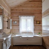 idea of ​​a bright interior of a bathroom in a wooden house photo