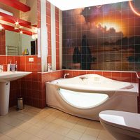 idea of ​​a bright bathroom design with corner bath picture