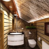 version of the modern bathroom interior in a wooden house photo