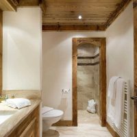 version of the modern design of the bathroom in a wooden house photo