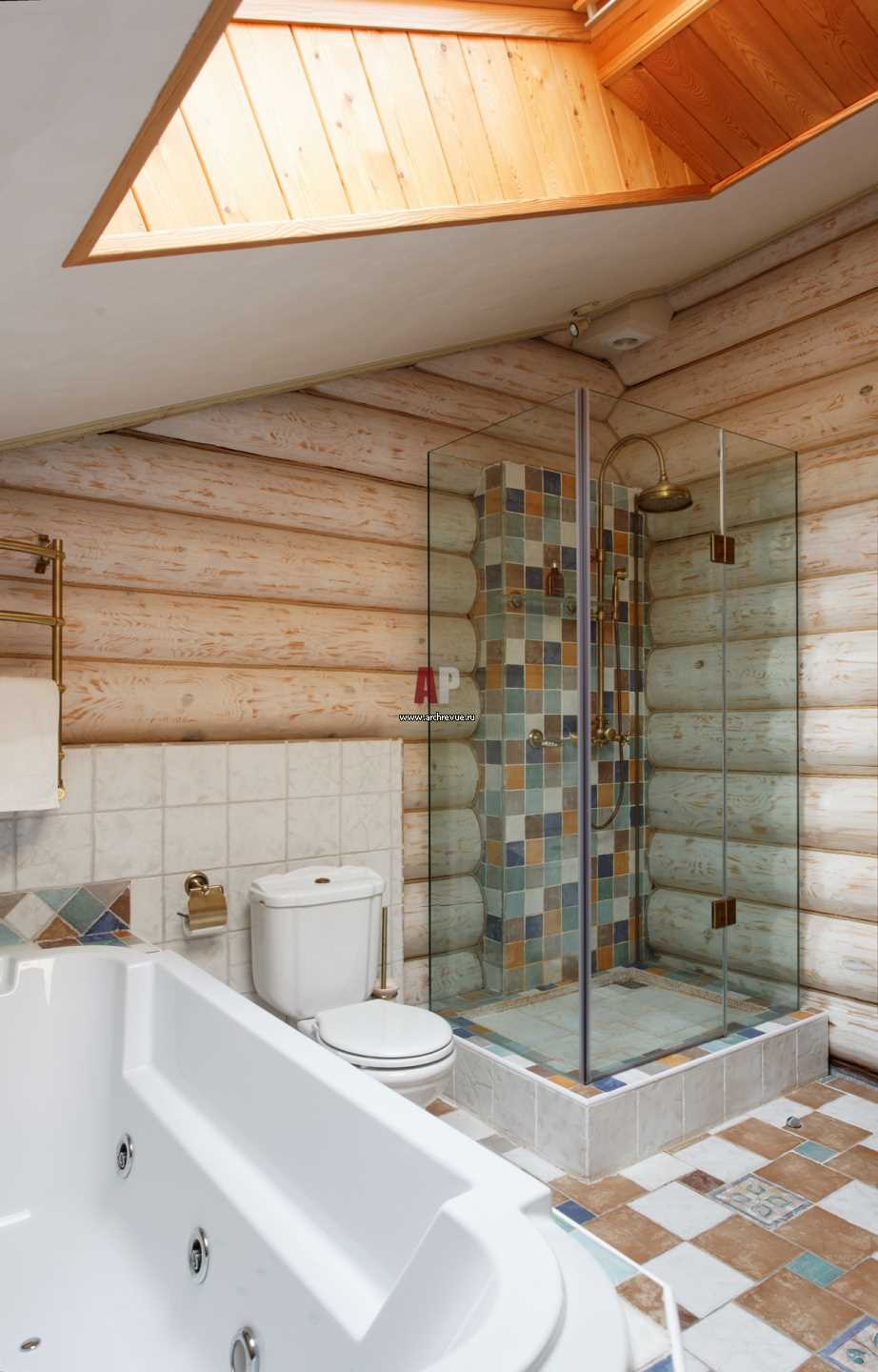 idea of ​​an unusual style of a bathroom in a wooden house