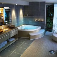version of the unusual design of the bathroom with a corner bath picture