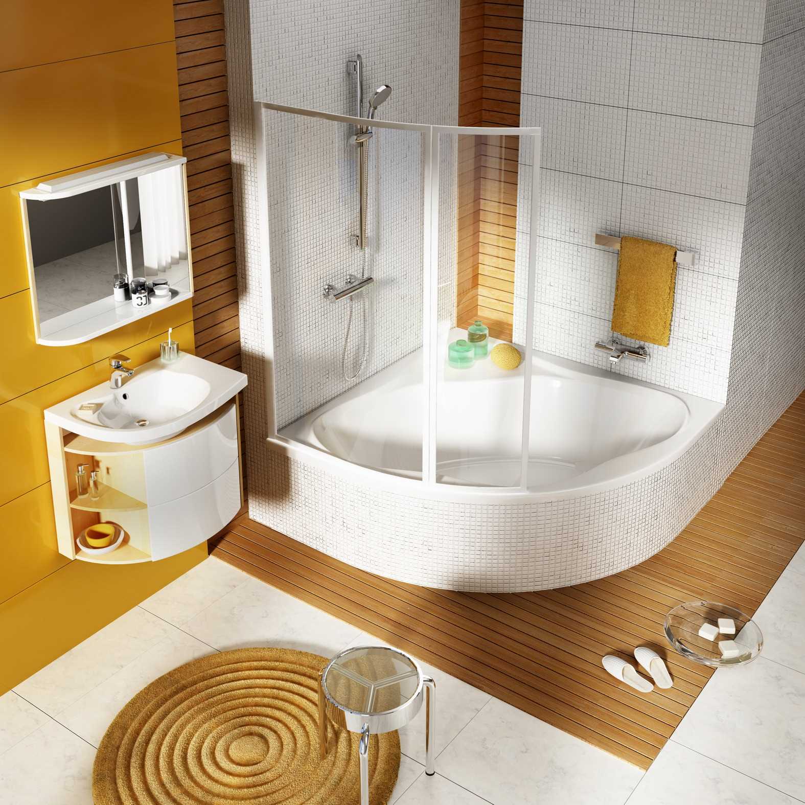 idea of ​​an unusual style of a bathroom with a corner bath