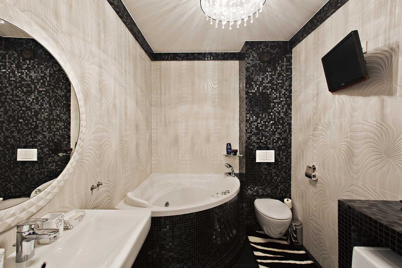 idea of ​​a modern bathroom interior with corner bath