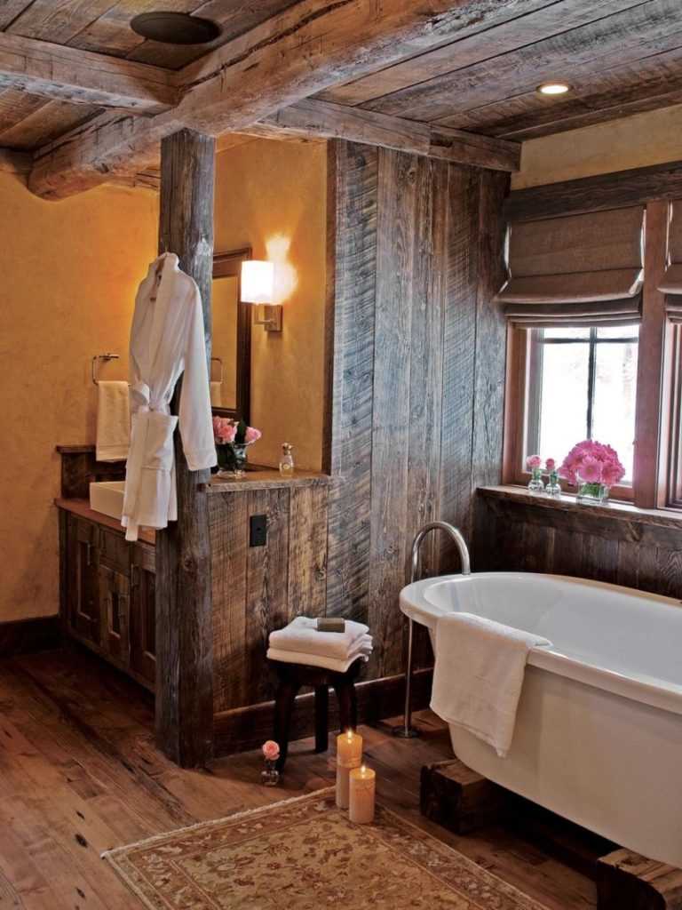 variant of the bright interior of the bathroom in a wooden house