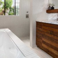 version of the bright design of the bathroom in a wooden house photo