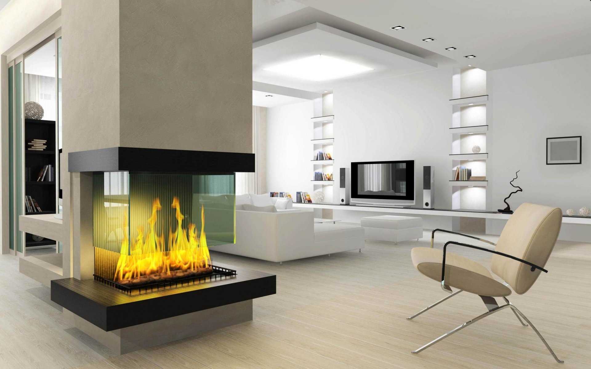 An example of an unusual decor of a living room with a fireplace