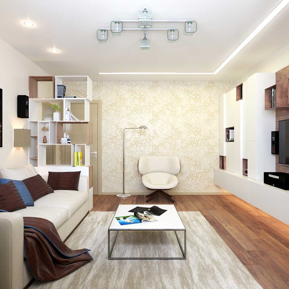 bright design of the living room 16 sq.m