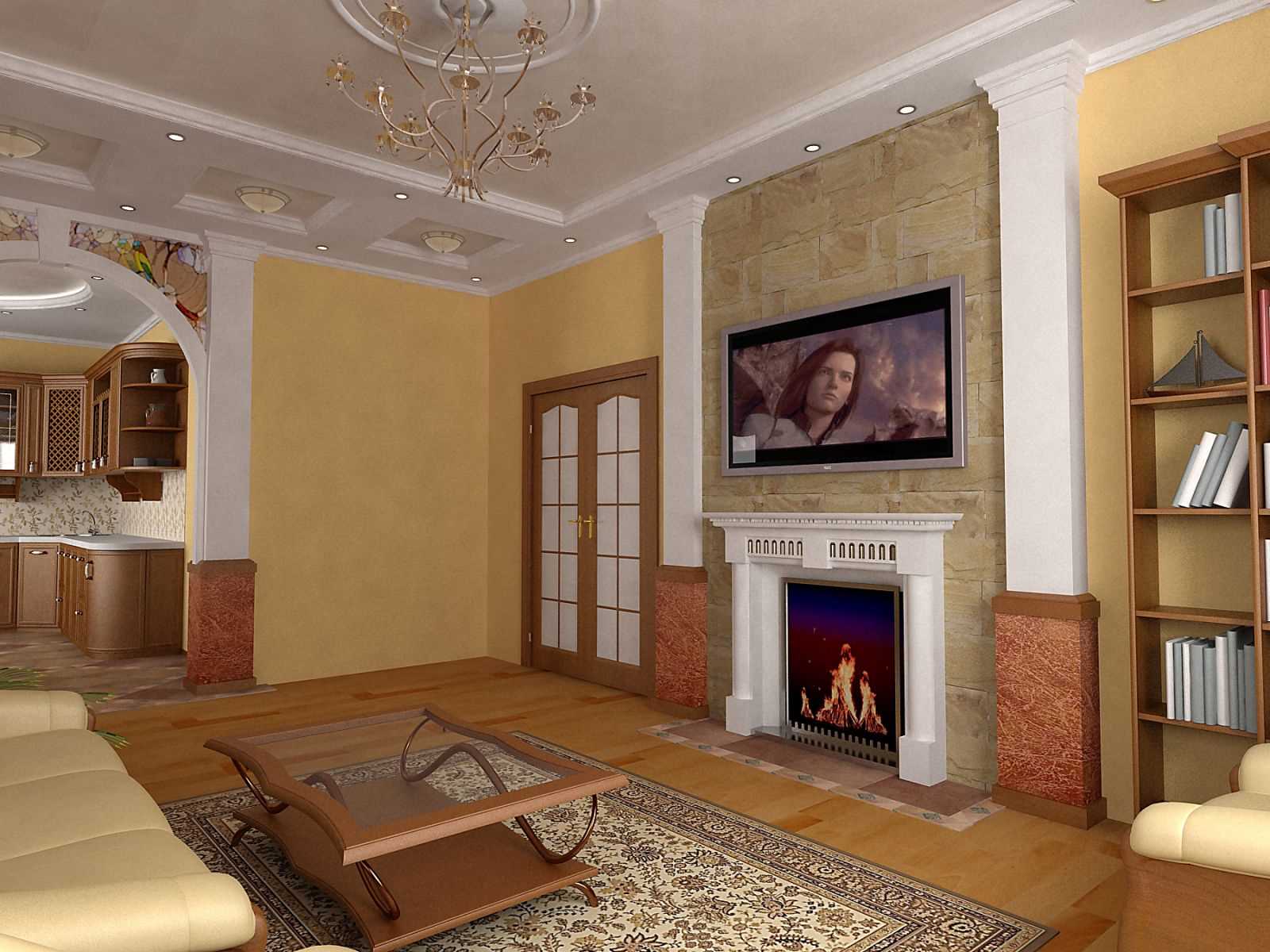variant of the bright design of the living room with fireplace