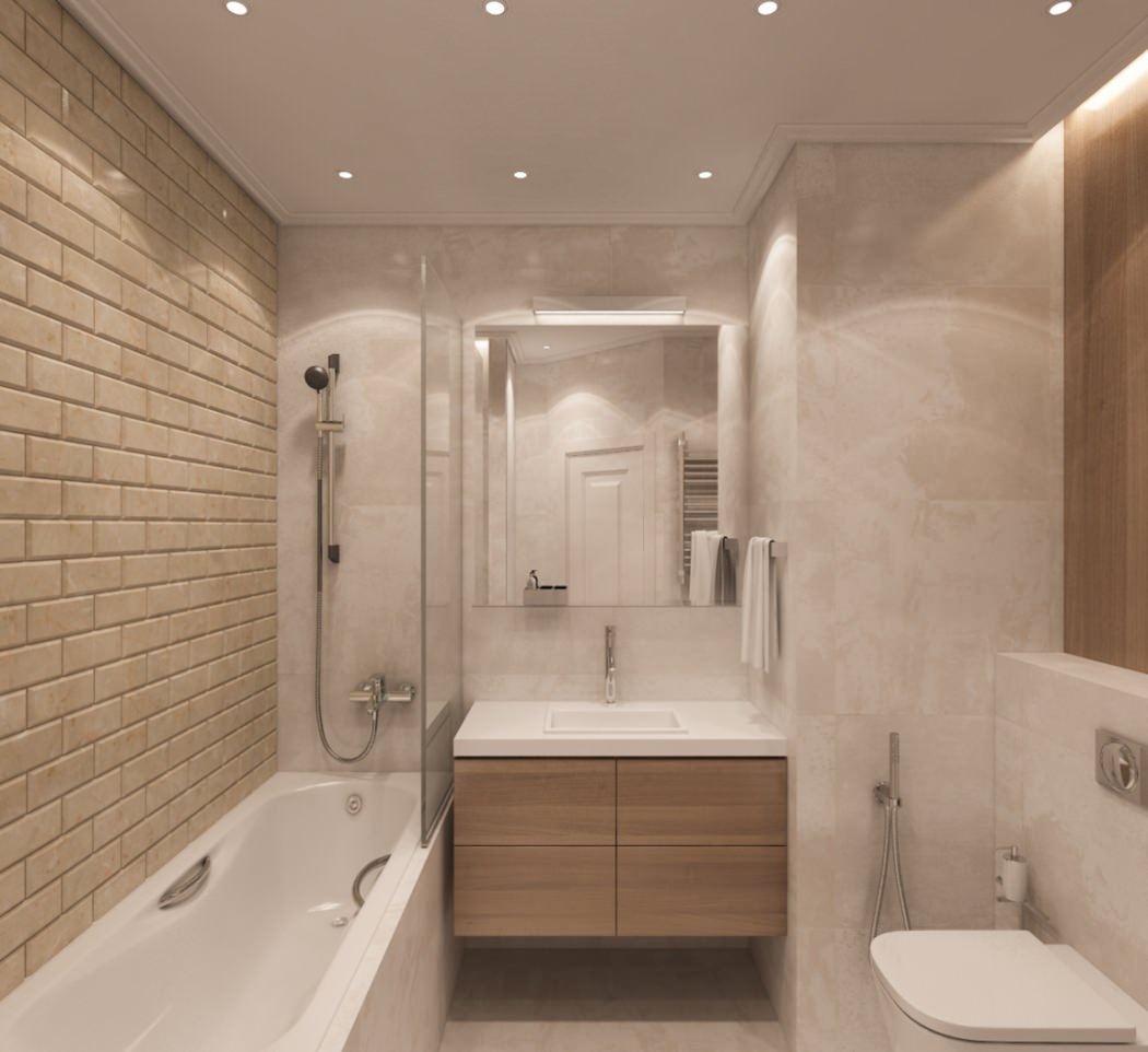 An example of a light bathroom style in beige color