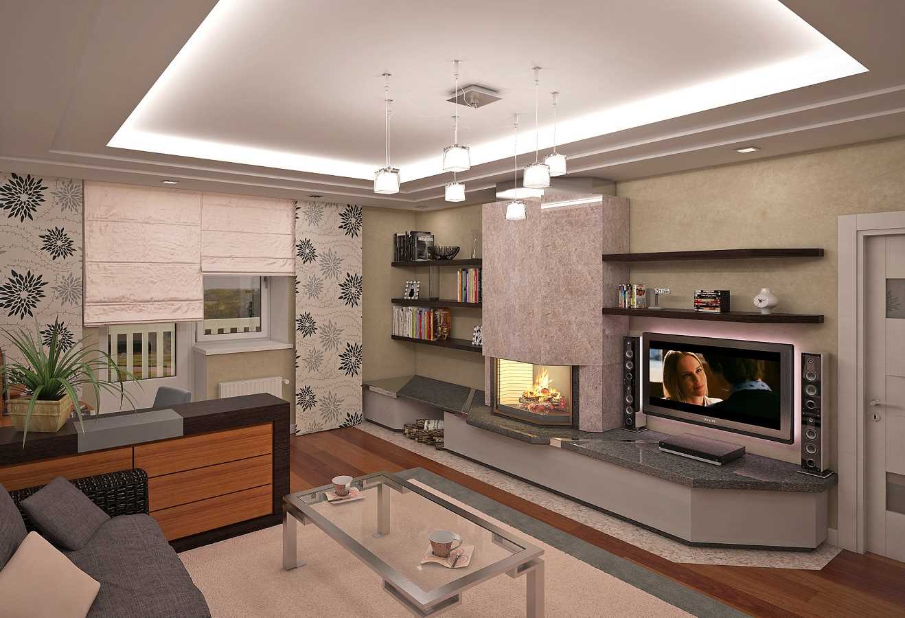 An example of a light design living room with fireplace