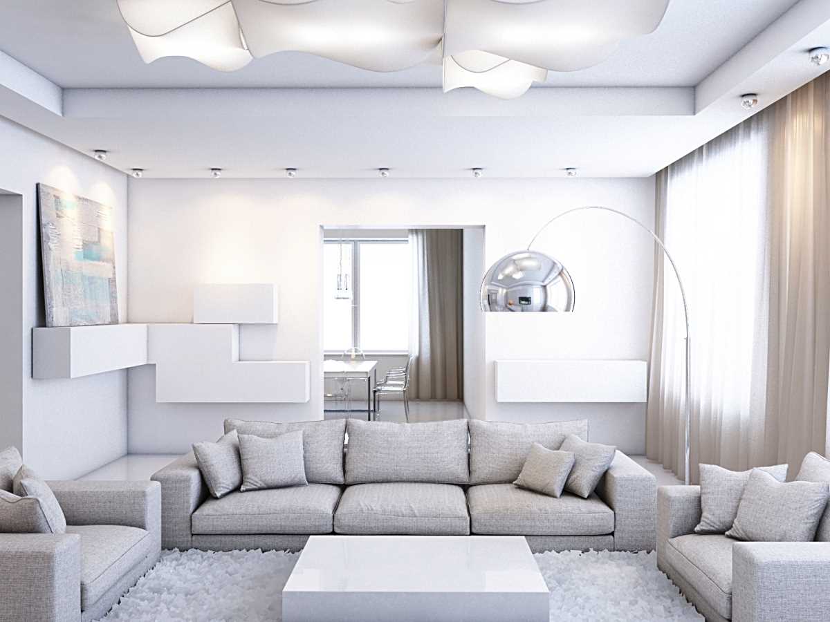 versione dell'insolito arredamento del soggiorno nello stile del minimalismo