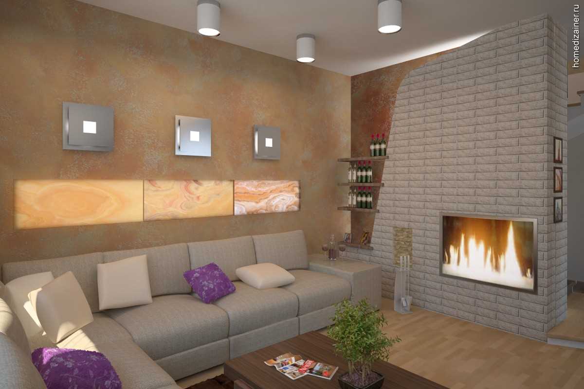 An example of a bright design of a living room with a fireplace