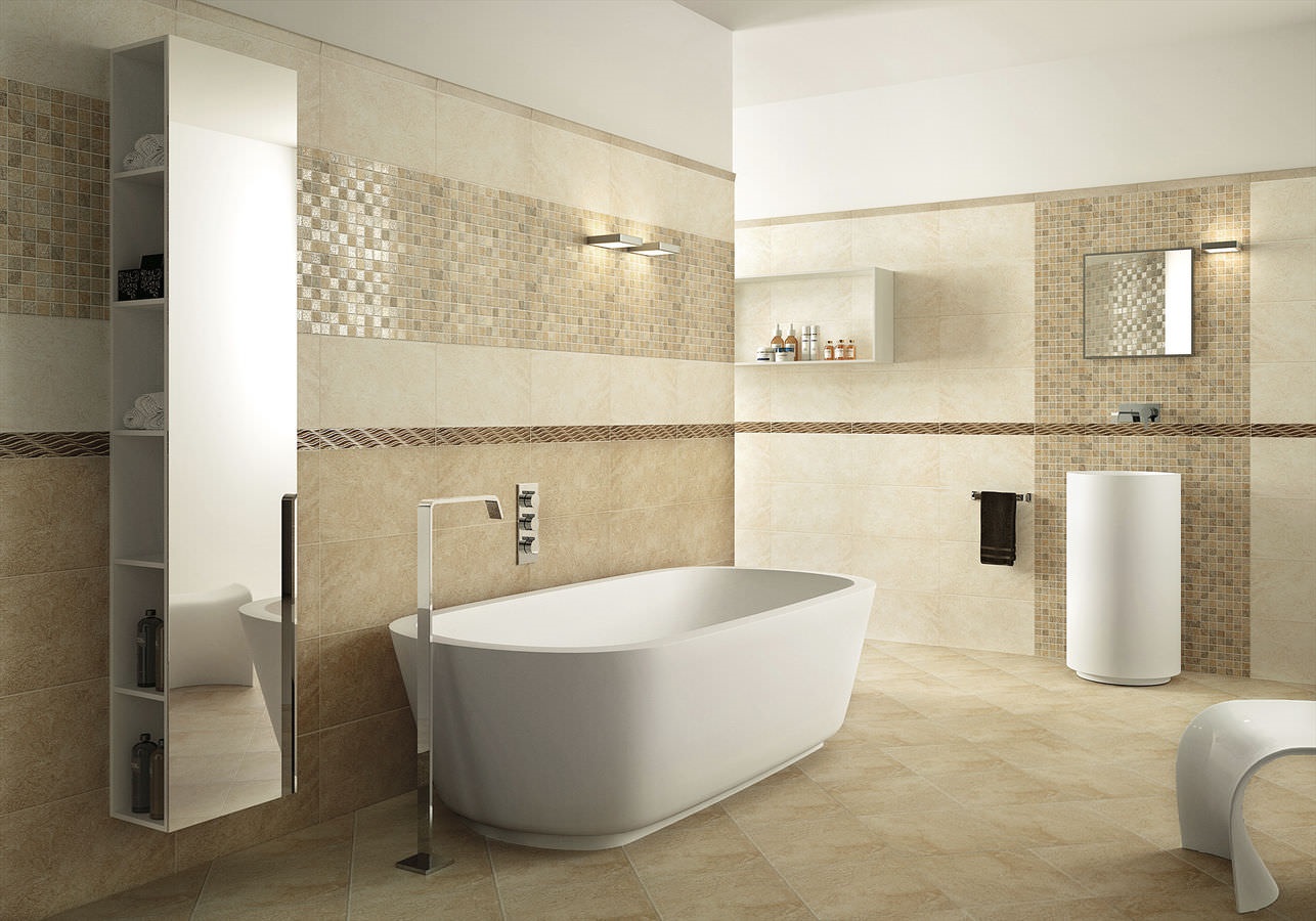 An example of an unusual design of a bathroom in beige color