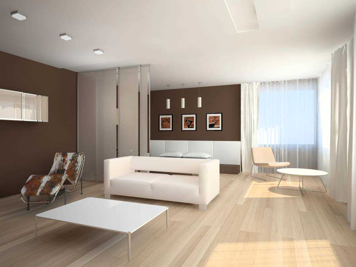an example of the bright design of the living room in the style of minimalism