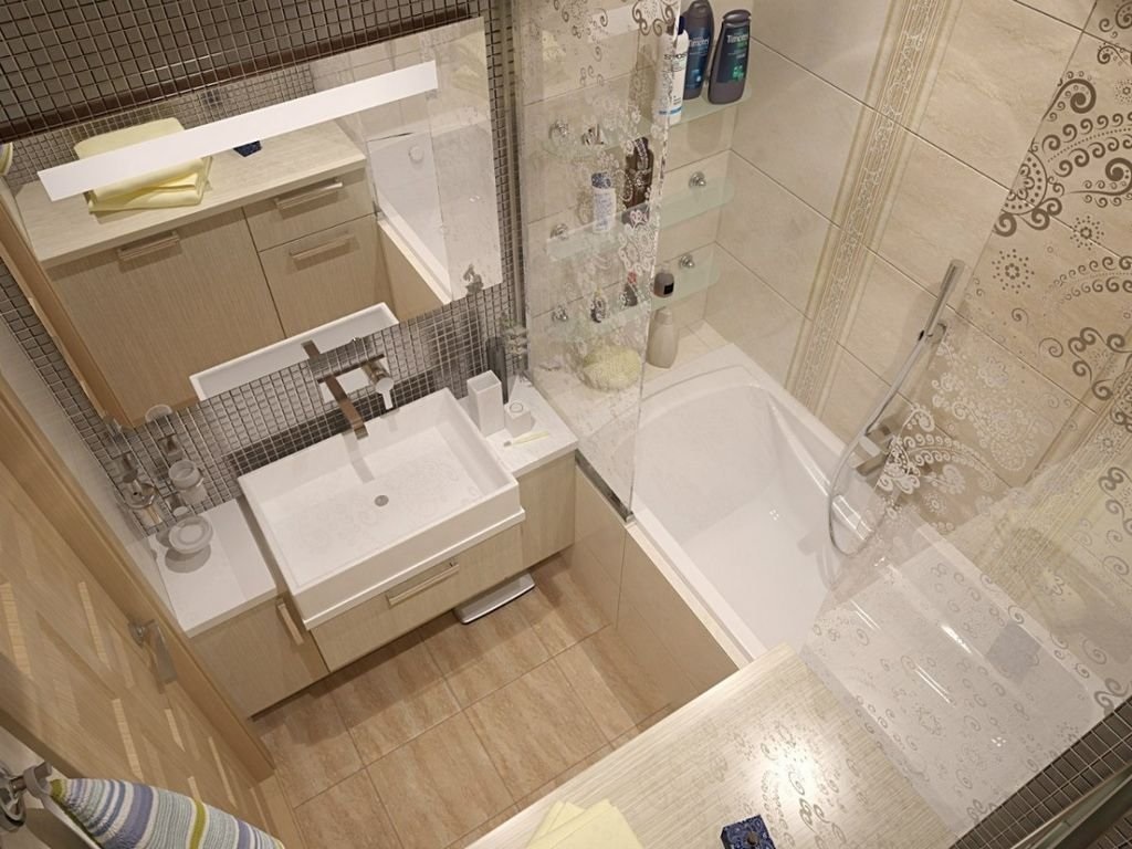 Un esempio di un insolito interno del bagno di colore beige