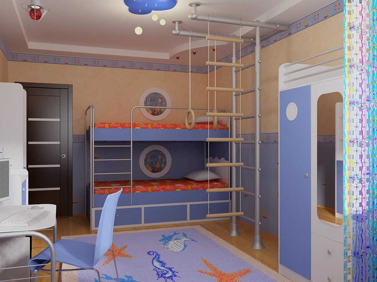 idea of ​​a bright decor for a children's room for two boys