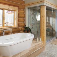 idée de design de salle de bain moderne dans une photo de maison en bois
