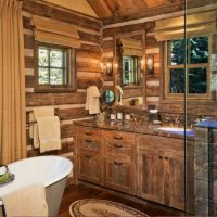 variant of the bright interior of the bathroom in a wooden house picture