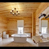version of the beautiful interior of the bathroom in a wooden house photo
