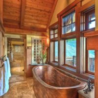 idea of ​​a bright style of a bathroom in a wooden house photo