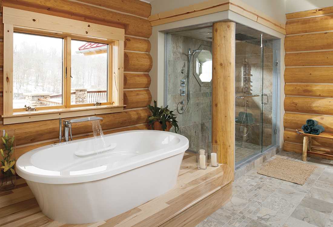 the idea of ​​a beautiful bathroom interior in a wooden house