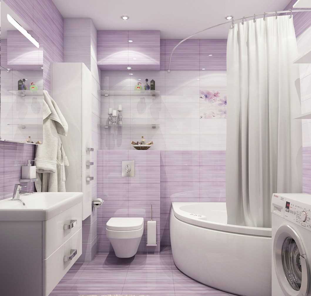 idea of ​​a bright bathroom design with corner bath