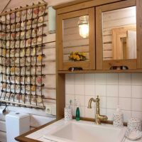 version of the unusual design of the bathroom in a wooden house photo