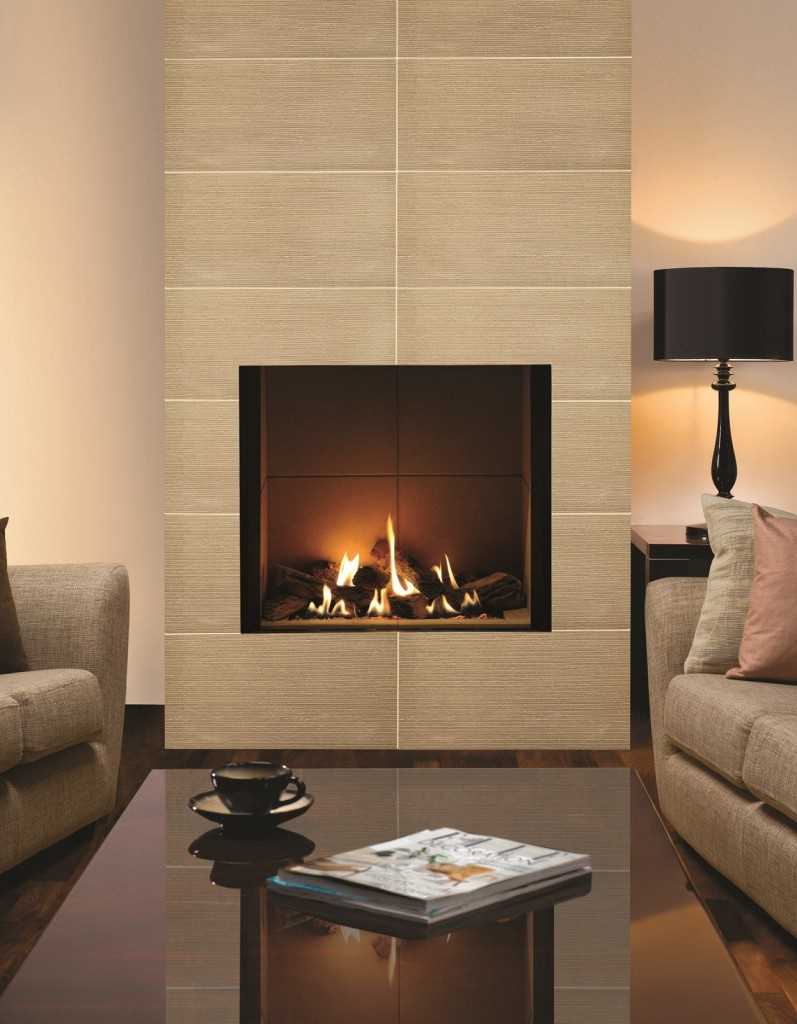 An example of a light decor of a living room with a fireplace