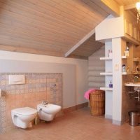 idea of ​​unusual interior of a bathroom in a wooden house photo