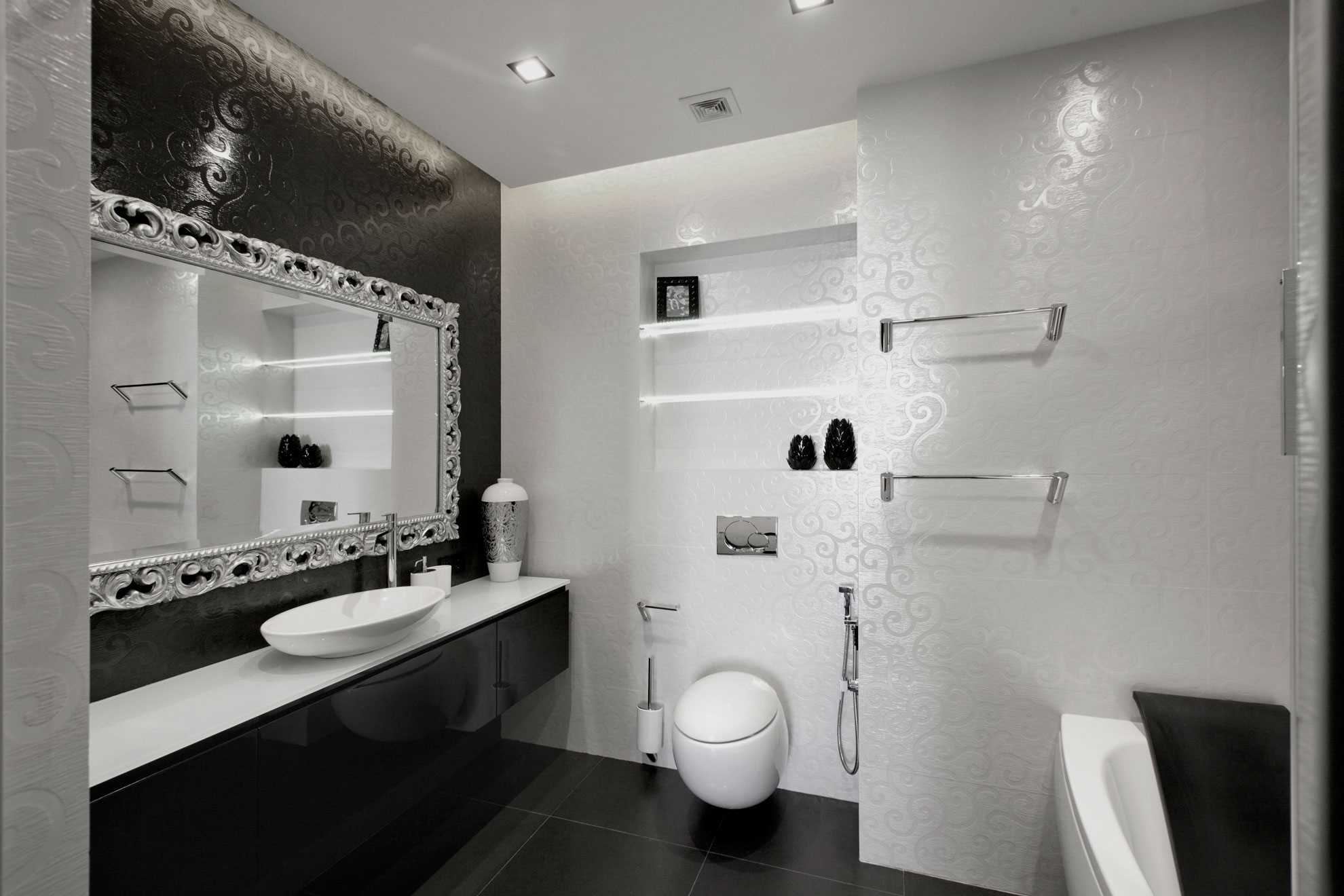 variant of the bright bathroom interior in black and white
