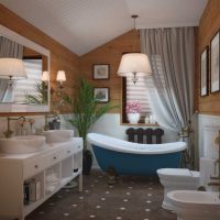 idea of ​​a modern bathroom interior in a wooden house photo