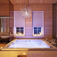 version of a beautiful bathroom interior in a wooden house photo