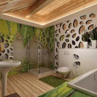 version of the bright interior of the bathroom in a wooden house photo