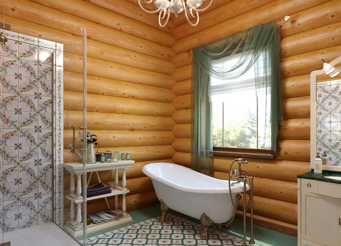 idea of ​​a bright interior of a bathroom in a wooden house