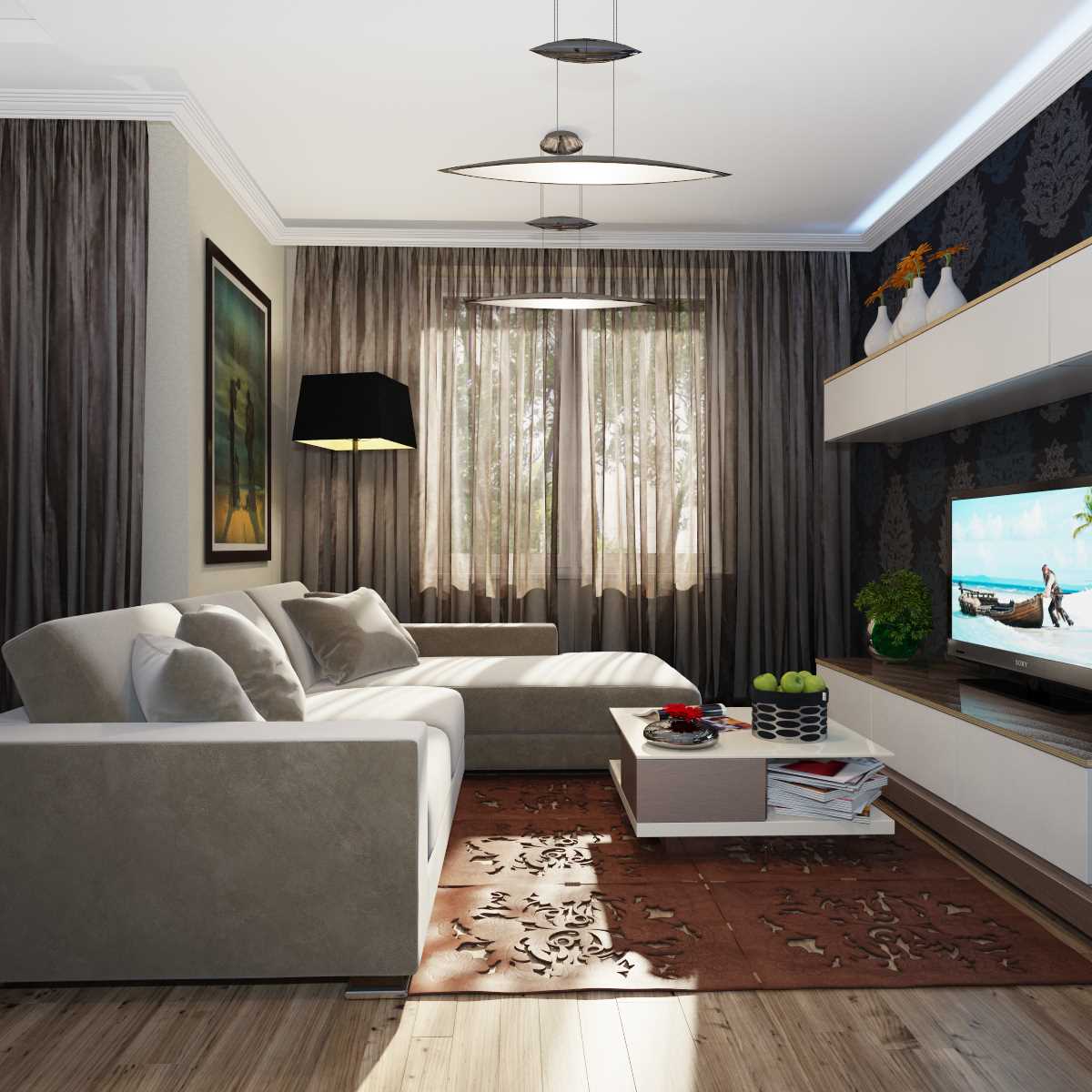 An example of a bright style living room 19-20 sq.m