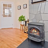 un exemple d'un intérieur inhabituel d'un salon avec une image de cheminée