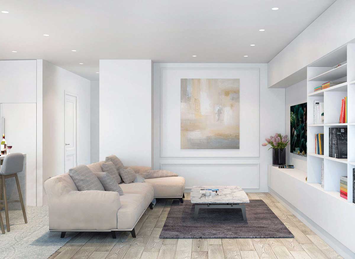 l'idea di un luminoso appartamento interno dai colori vivaci in stile moderno