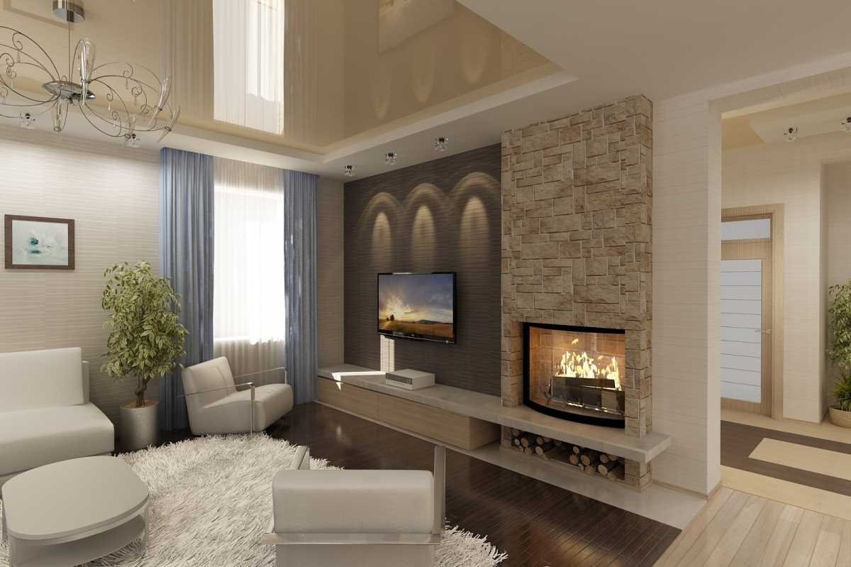 An example of a bright living room interior with a fireplace
