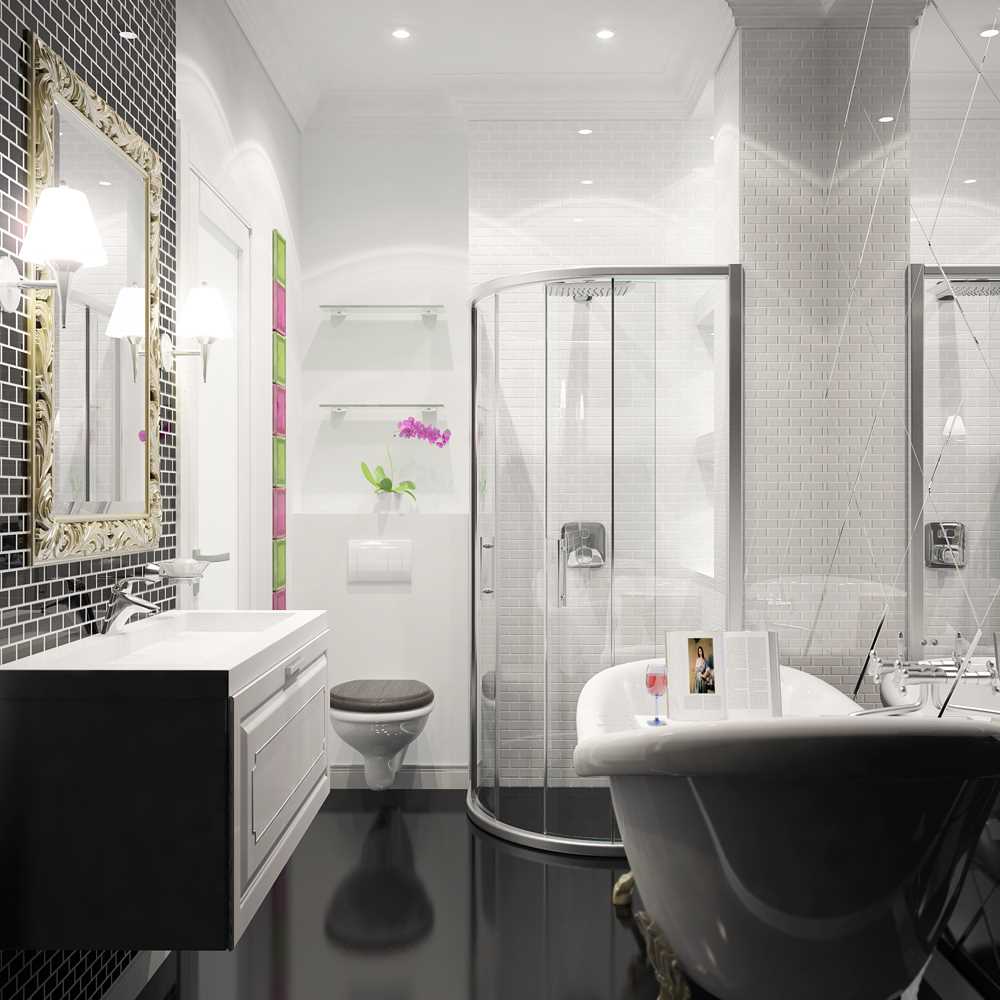 the idea of ​​a bright bathroom style in black and white