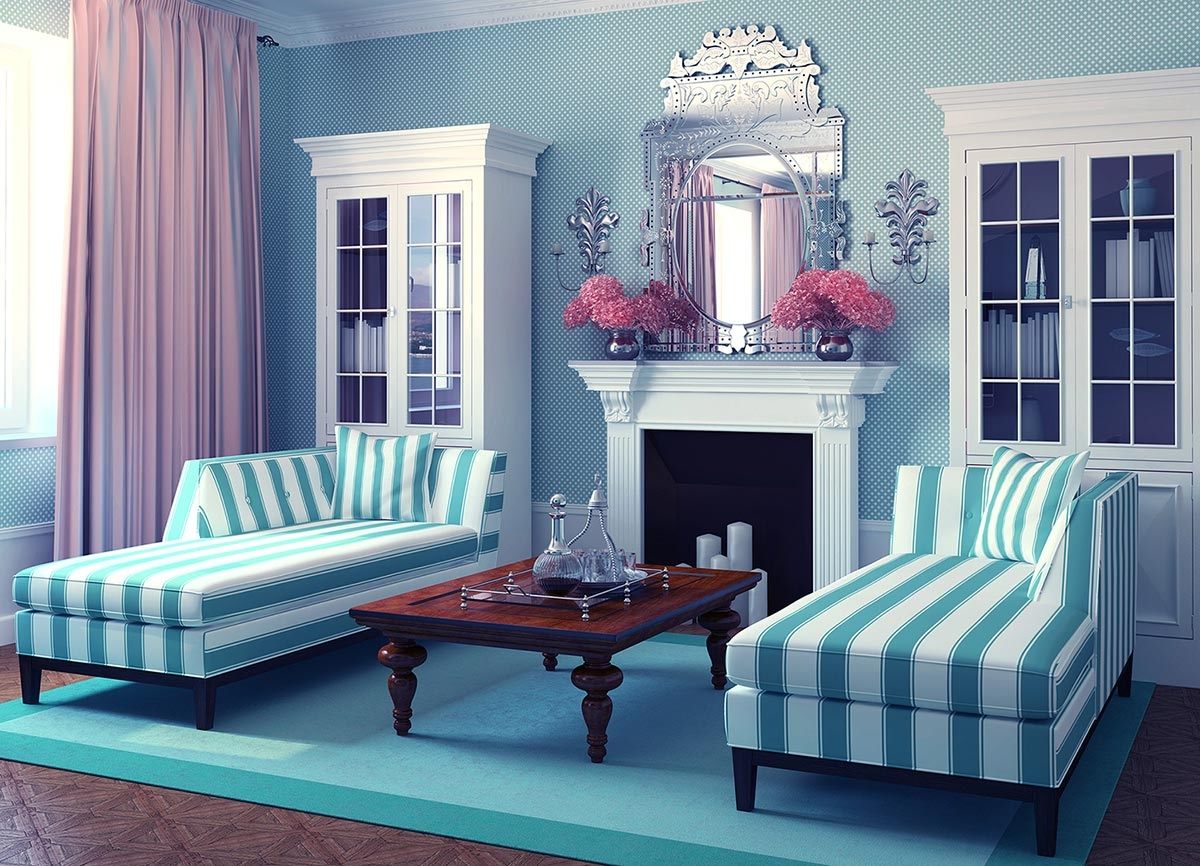 the idea of ​​applying bright blue in the style of the room