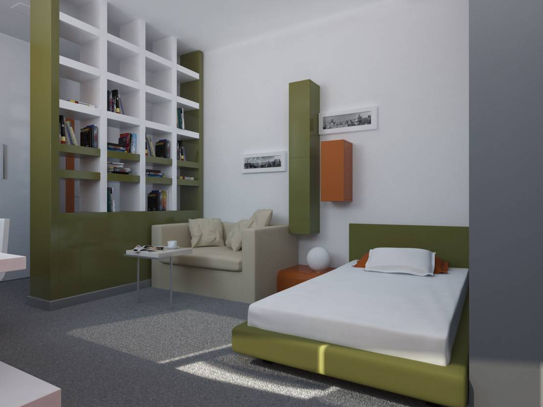 variant of the bright interior of a small dorm room