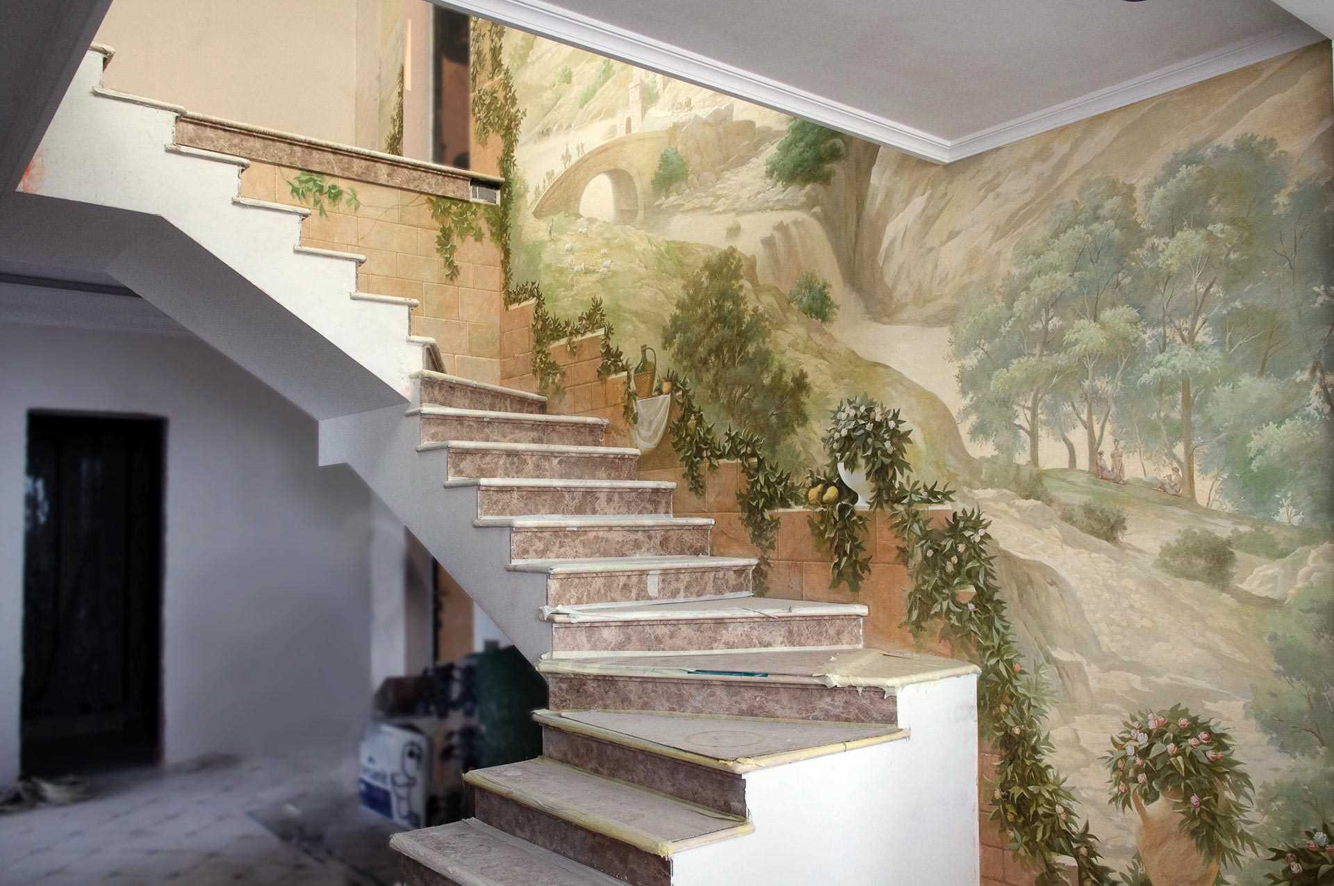 variant of the unusual interior of the apartment with wall paintings