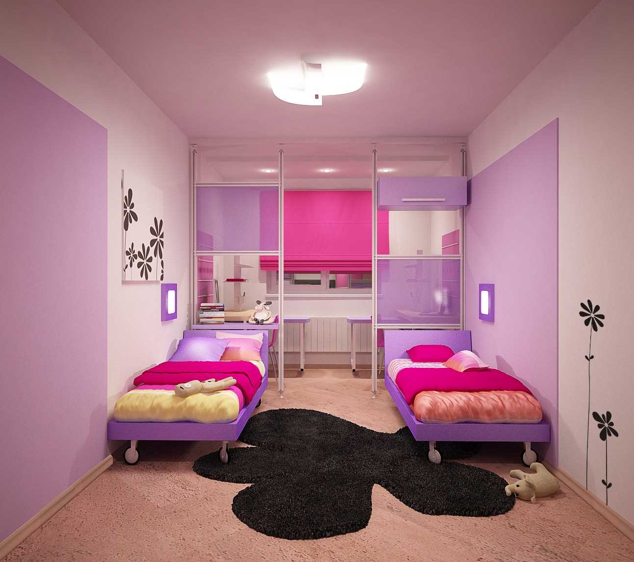 Un esempio di un design luminoso di una camera per bambini per due ragazze