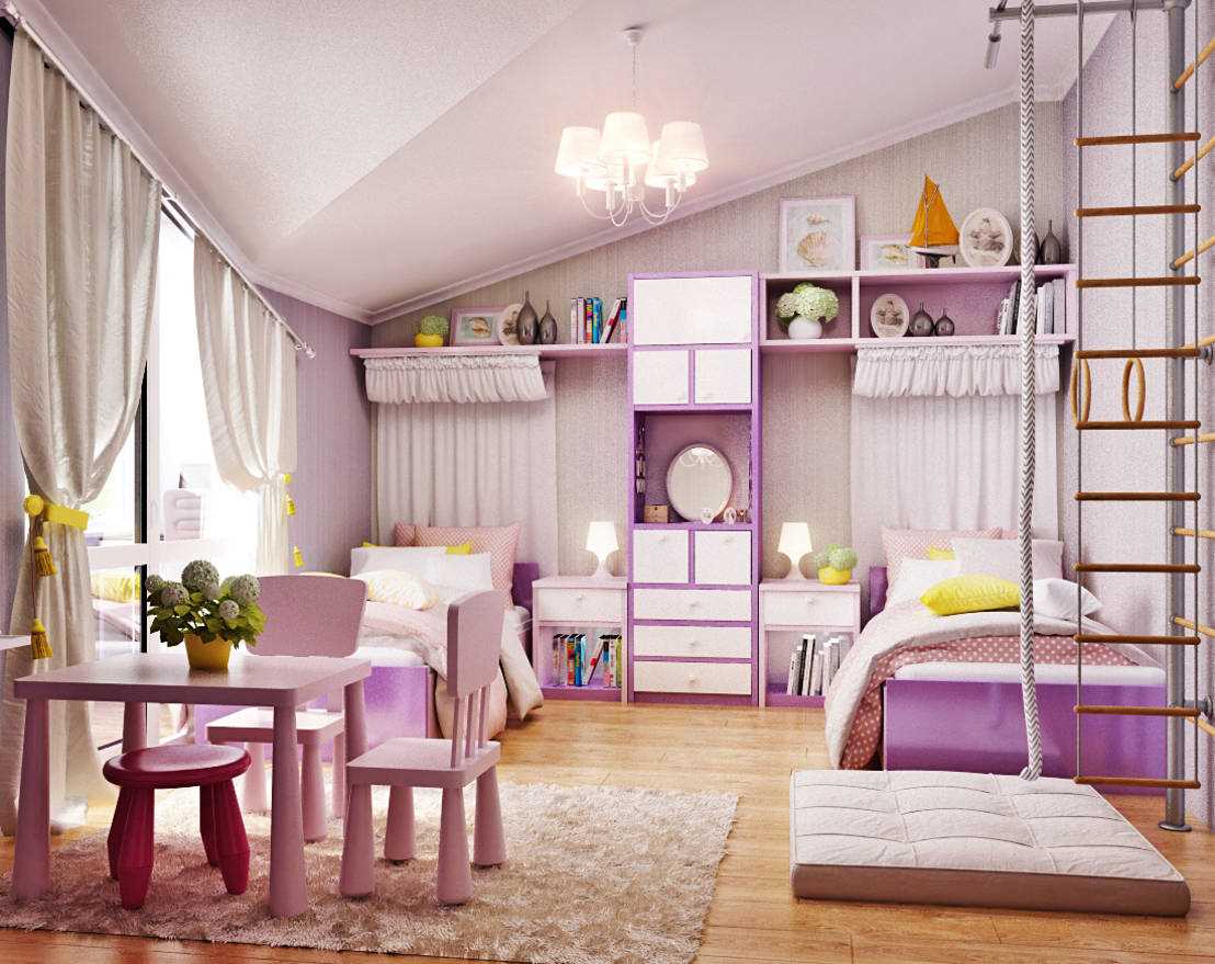 the idea of ​​an unusual design of a children's room for two girls