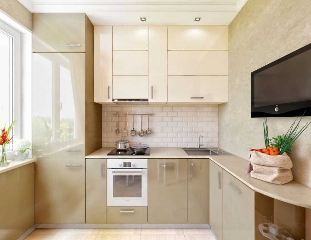 an example of a bright design of a kitchen of 8 sq.m