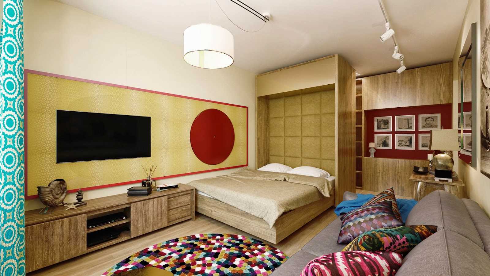 the idea of ​​a bright design of a bedroom of 18 sq.m.