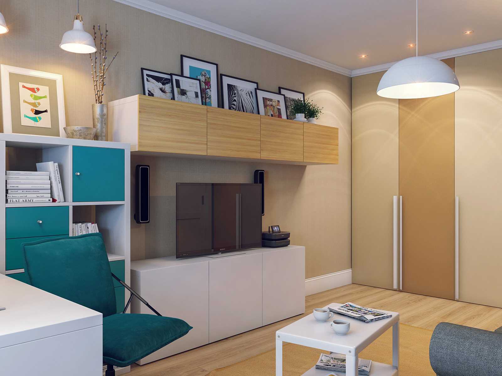 the idea of ​​a bright interior of a living room of 18 sq.m.